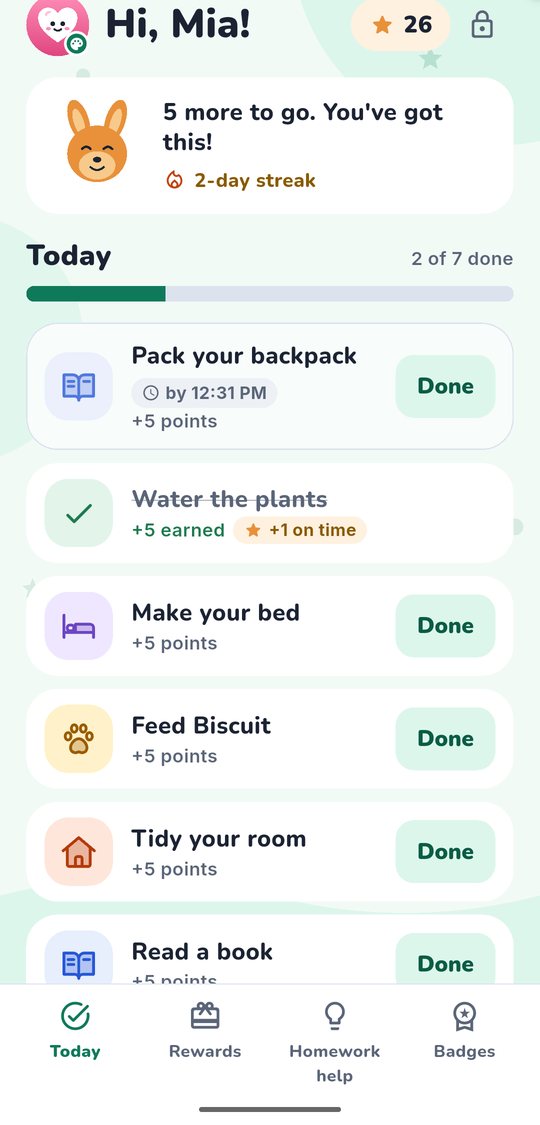 A child's chore list for today in KudosNest