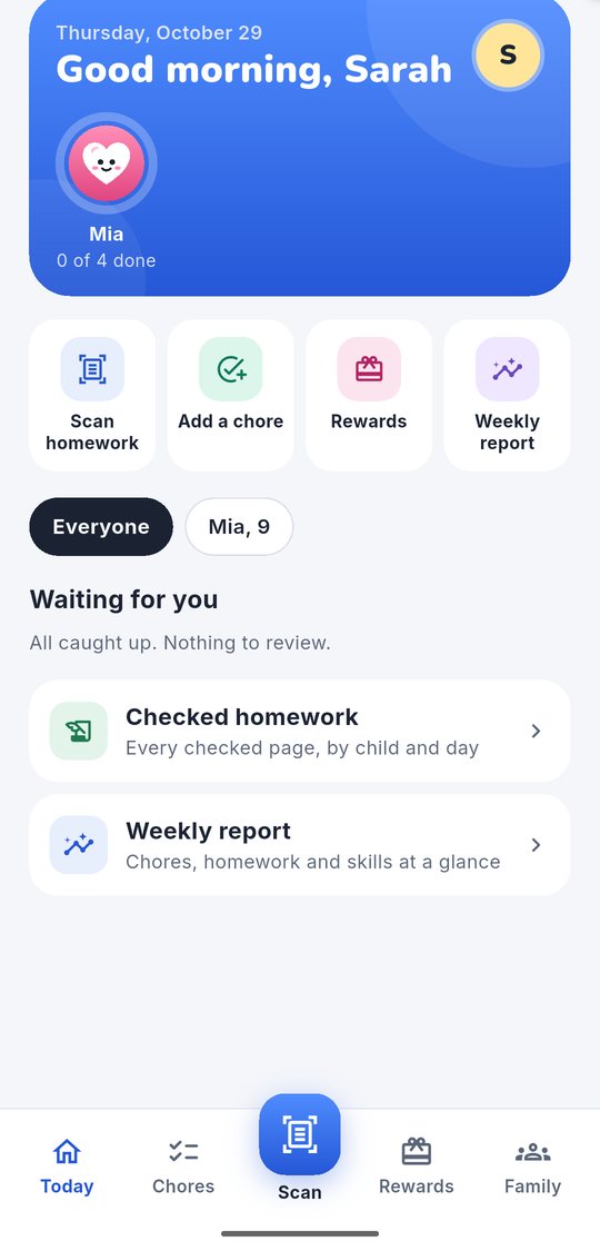 The parent's Today screen with each child's chores